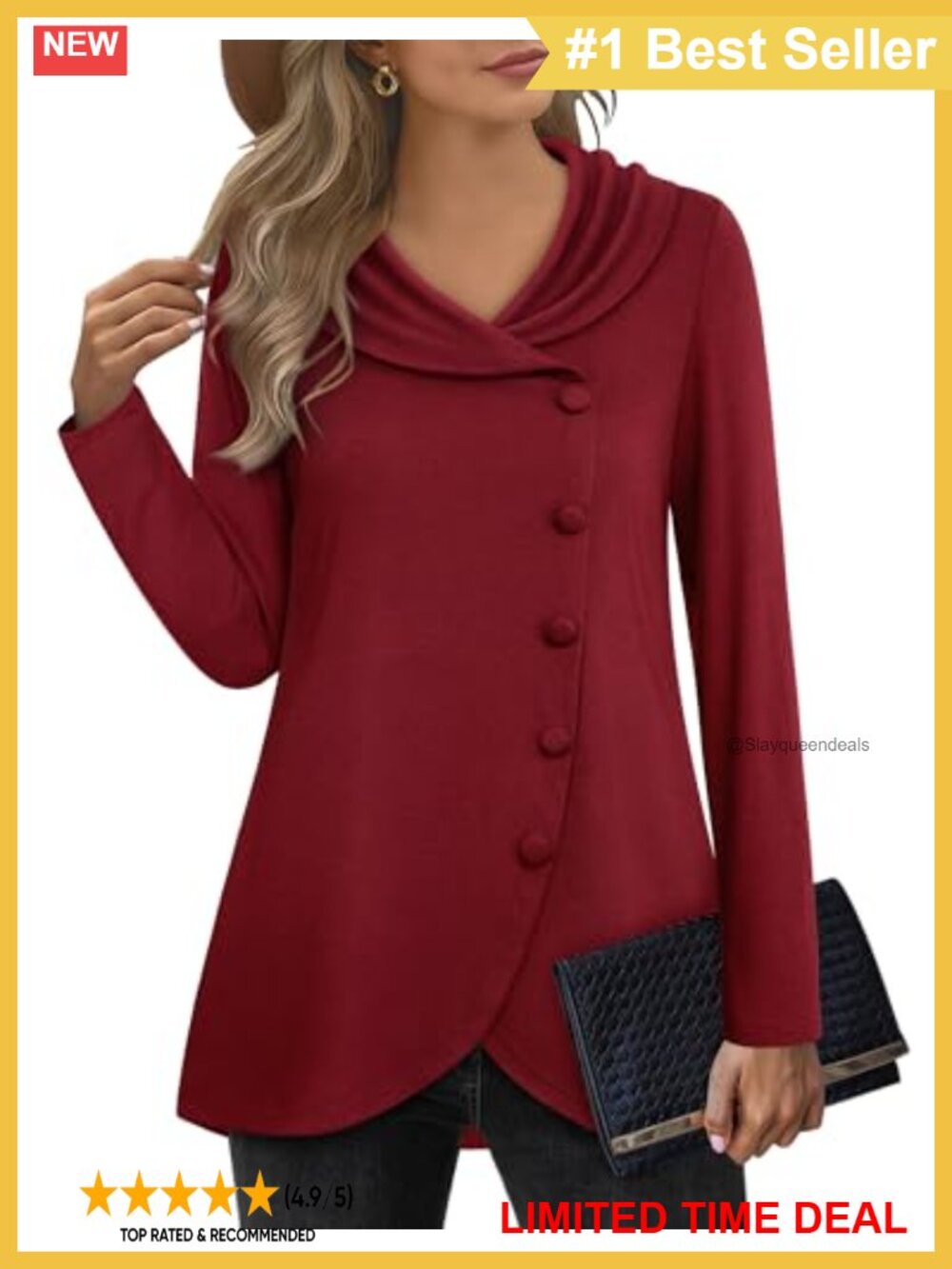 Womens Long Sleeve Tunic Sweatshirt Button Side Tulip Hem Shawl Neck Pullover